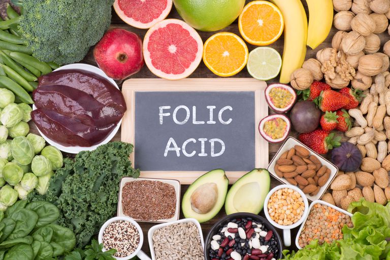 imagen de frutas rodeando una pizarra con texto en inglés folic acid